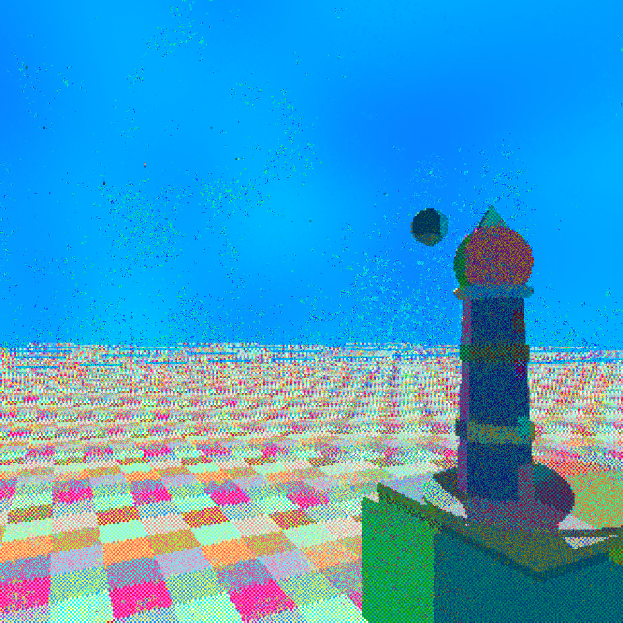 Coastal lighthouse 3D lift — striped lantern tower on a rocky promontory, the moon hangs in a quantized teal sky over a multi-coloured autoscope-style horizon, rendered through BOB GPU's two-pass sand-painting shader.