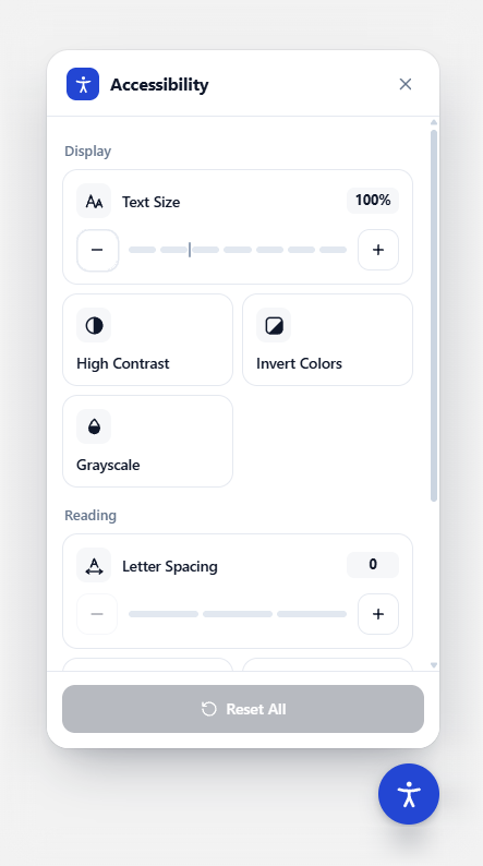 The EZ Accessibility panel open on a website