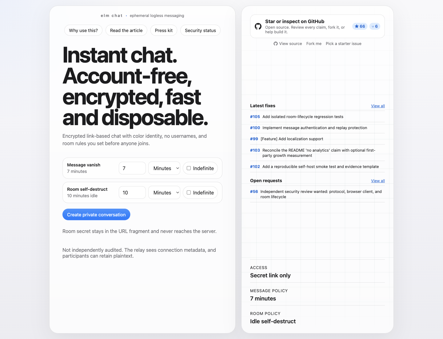 Current elm.chat landing page with room policies and live GitHub project activity
