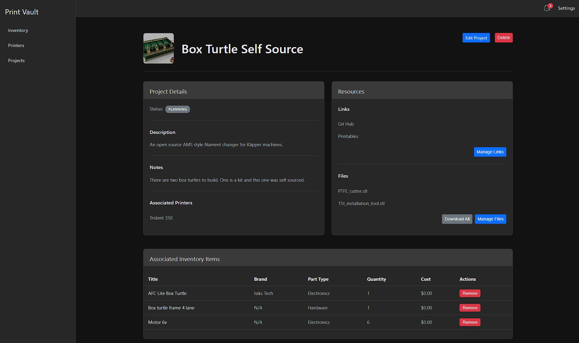 A project view, linking associated printers and inventory parts.