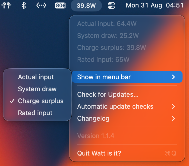 Watt is it? menu bar menu showing live wattage values
