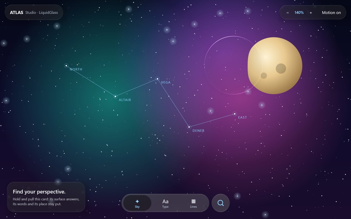 Atlas Studio: a magnifier, a top bar, a card and the tab bar over a moving night sky