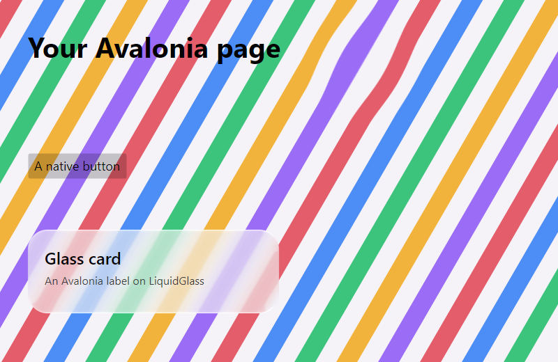 Avalonia: a frosted glass card with Avalonia labels and a lens bending colour bands