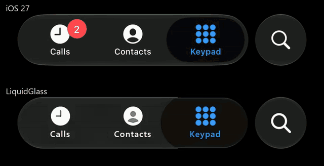 iOS 27 above, LiquidGlass below: the same held drag of the tab bar's lens from Keypad to Calls and back