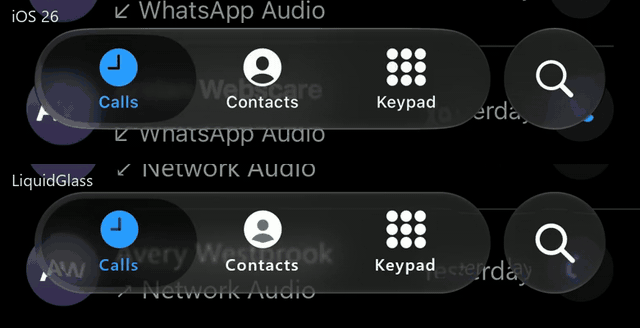 iOS 26 above, LiquidGlass below: a tap moves the selection between tabs