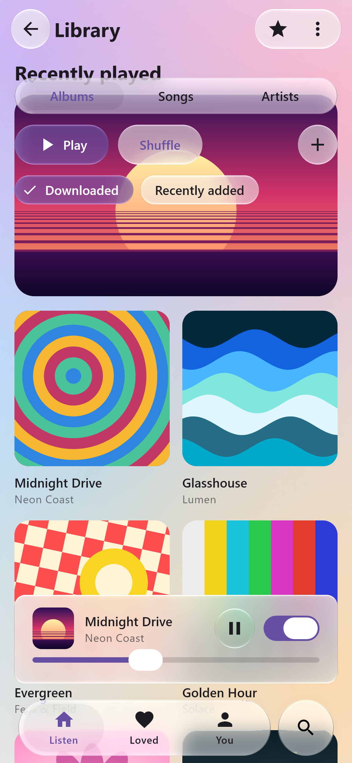 A Material 3 music app in glass, light scheme: glass top bar, segmented control, buttons, chips, a frosted mini player and the floating tab bar over album art