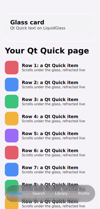 Qt Quick from PySide6: a glass card and a dark bar refracting a list