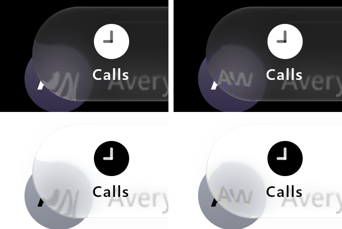 The bar's left end over an avatar, before and with its cap lens, dark and light