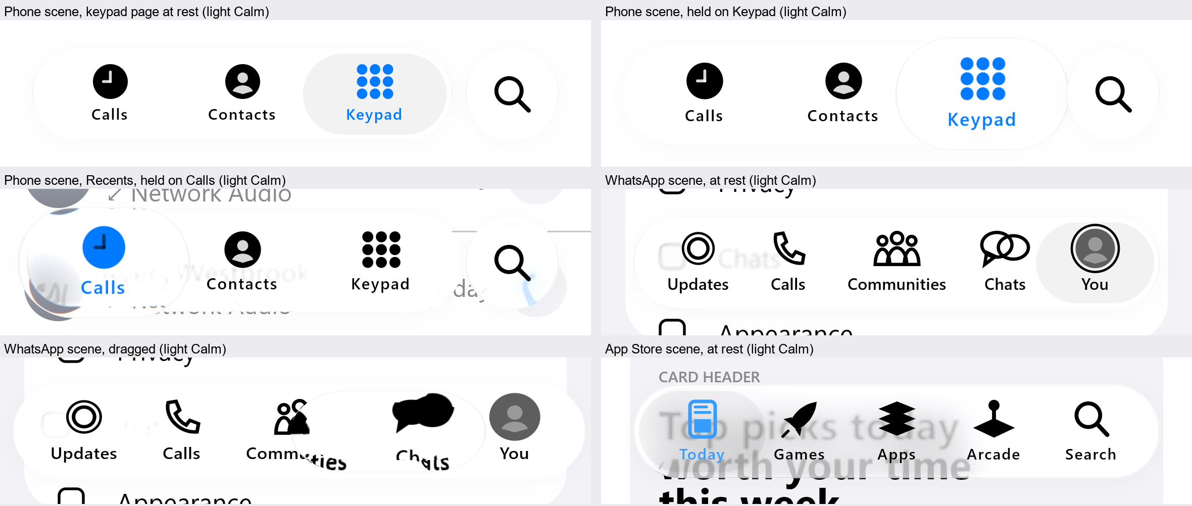Light Calm in the Phone, WhatsApp and App Store scenes, at rest and held