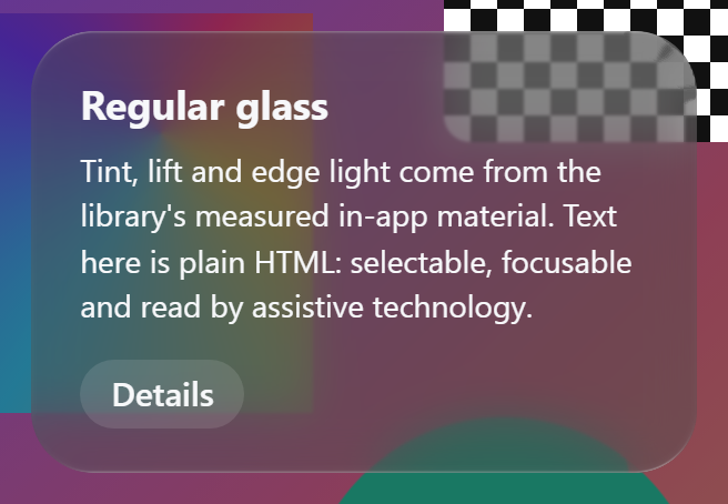 The web component: a dark glass card with HTML text and a button