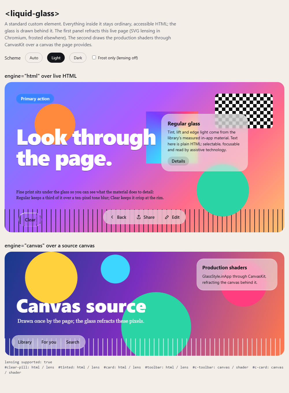 The example page in Chromium: the HTML engine over live HTML, the canvas engine over a canvas