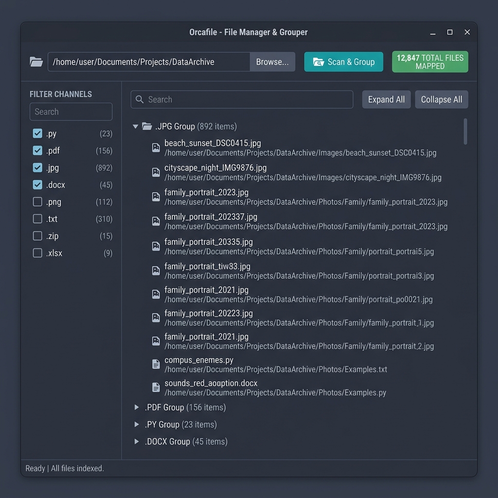 OrcaFile application screenshot showing the Nord-themed file organizer interface