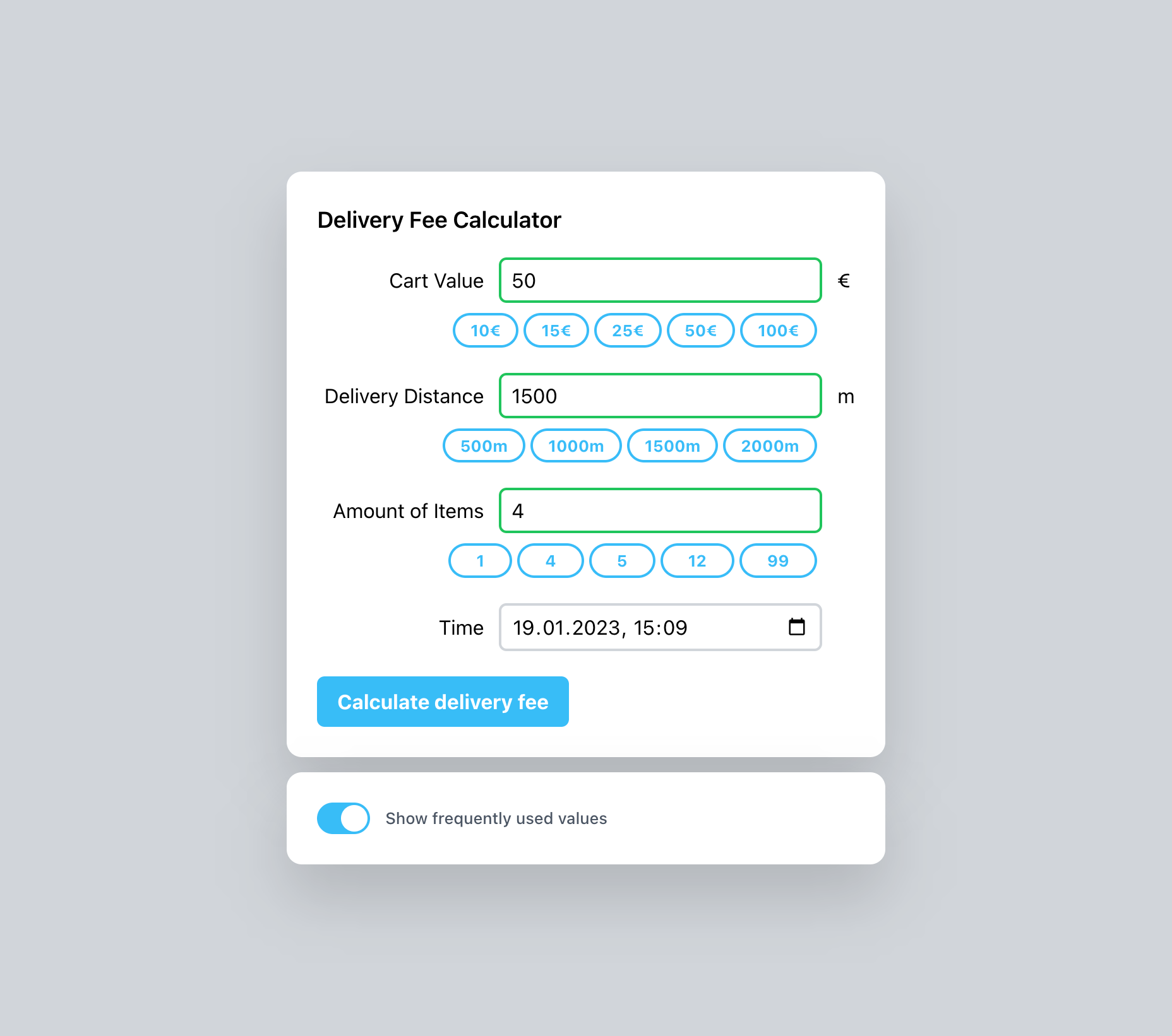 Delivery fee calculator UI with chips