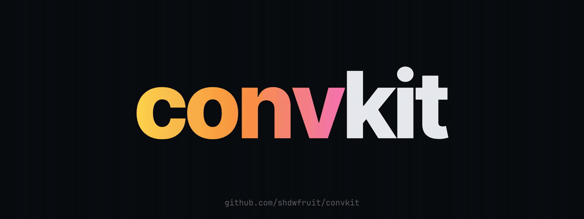 The word convkit converting between ASCII-art fonts, conv and kit each behind a glowing scanline, ending on the plain convkit wordmark.