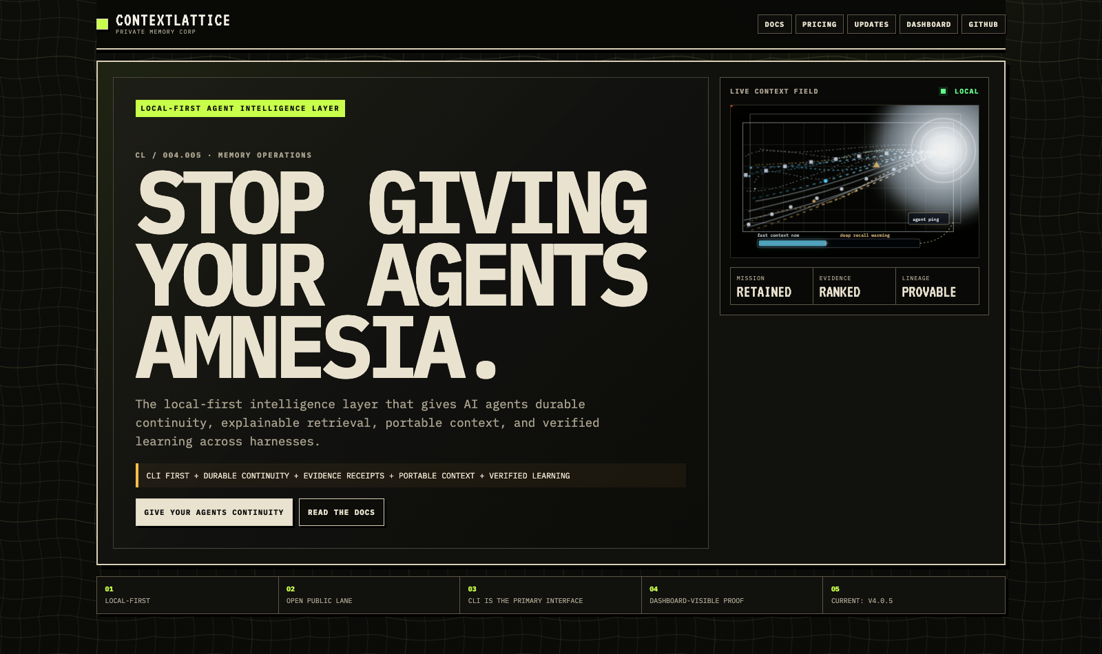 ContextLattice editorial website hero showing a live local context field