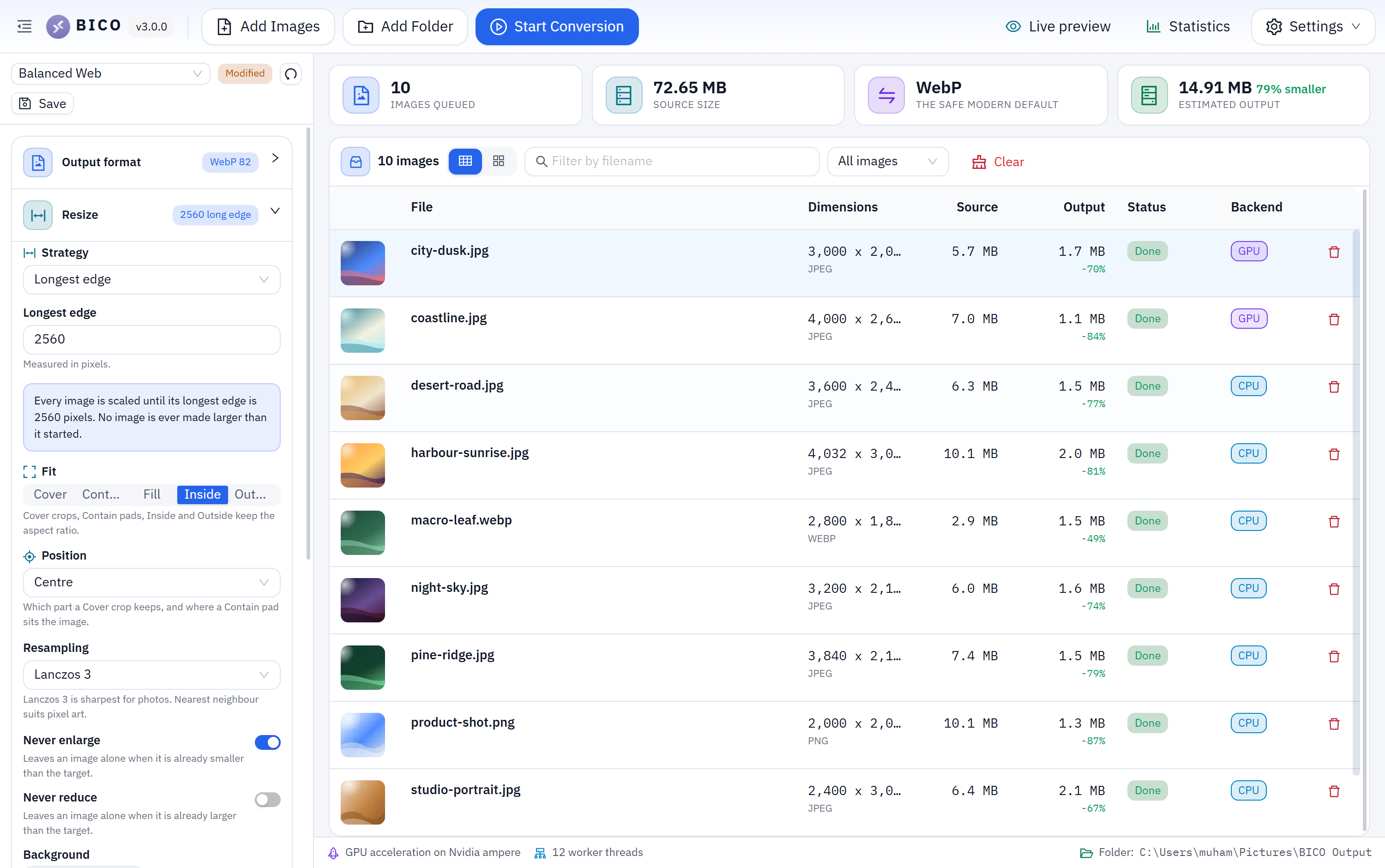 The conversion queue, showing per file status, backend and size delta