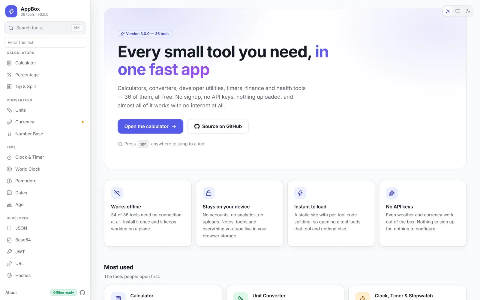 The AppBox home page, showing all 36 tools grouped by category