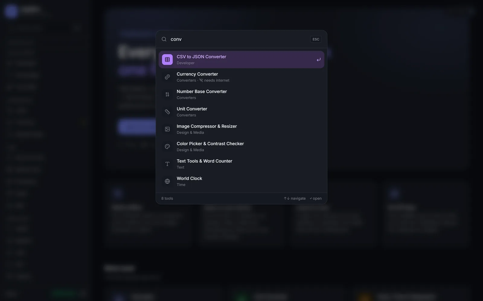 The command palette searching across all tools