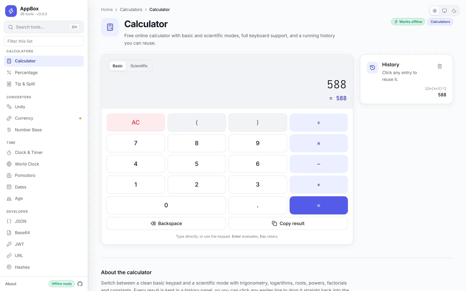Calculator in scientific mode with reusable history
