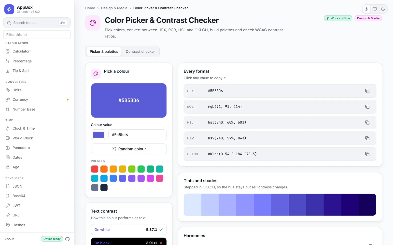 Colour tools showing formats, palettes and WCAG contrast checking