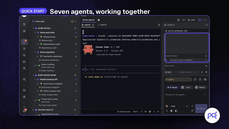 Seven agents working side by side in one PromptOps session: one opened from the prompt box, five opened by the lead through MCP