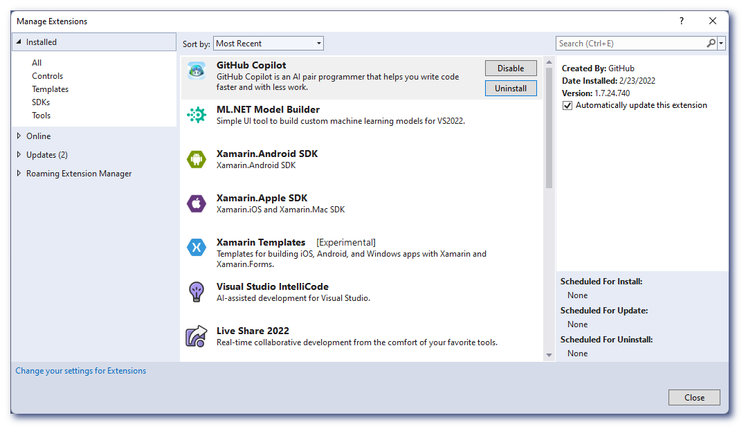 Manage extensions confirmmation