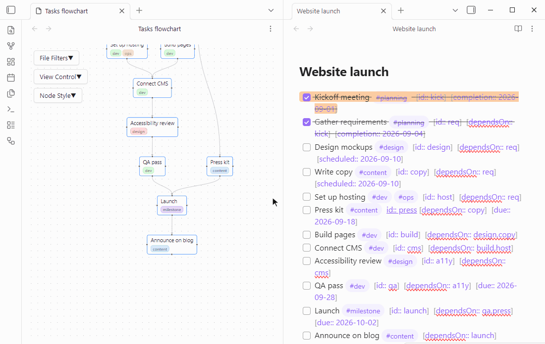 Dragging out of two nodes to create new tasks, each selected in the note beside the graph