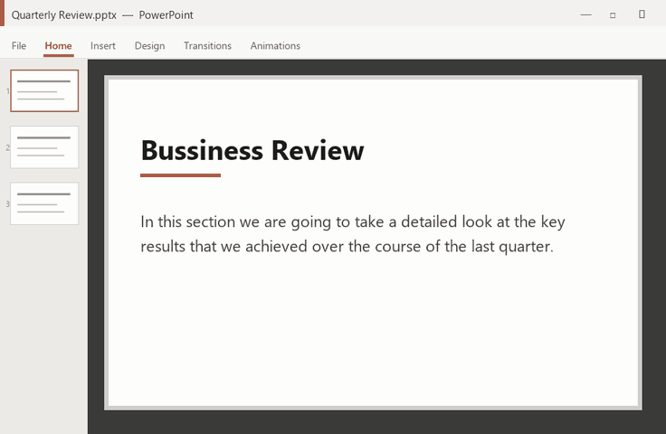 With a PowerPoint deck open, summon the overlay and ask it to fix a typo in the title and shorten the subtitle — it runs PowerShell against the open presentation and the slide text changes in place