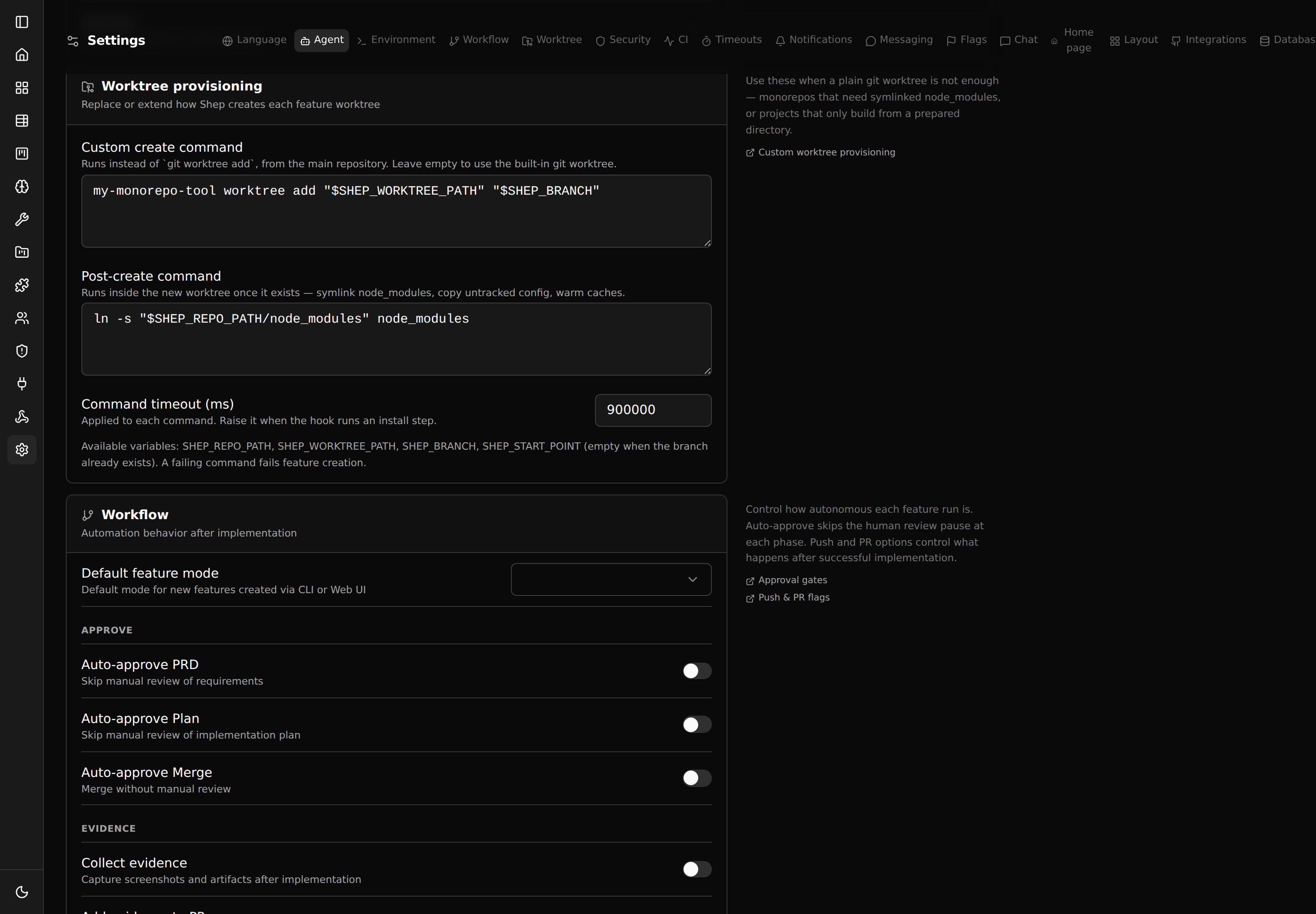 settings worktree page dark