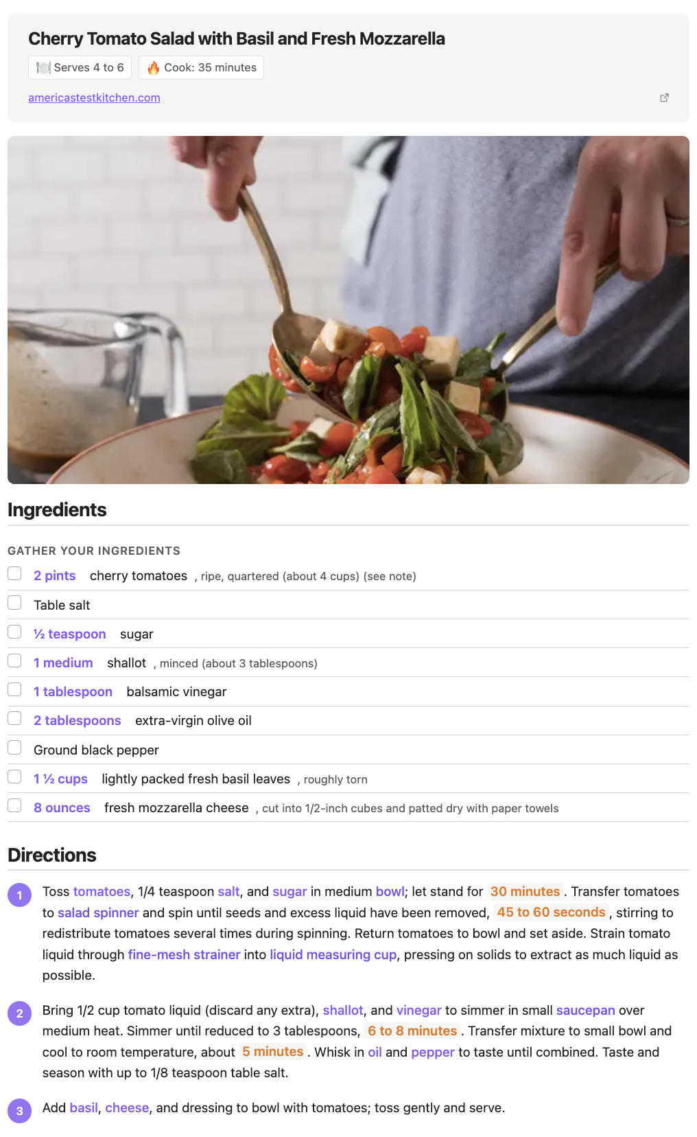 Rich recipe preview with ingredients, directions, and metadata