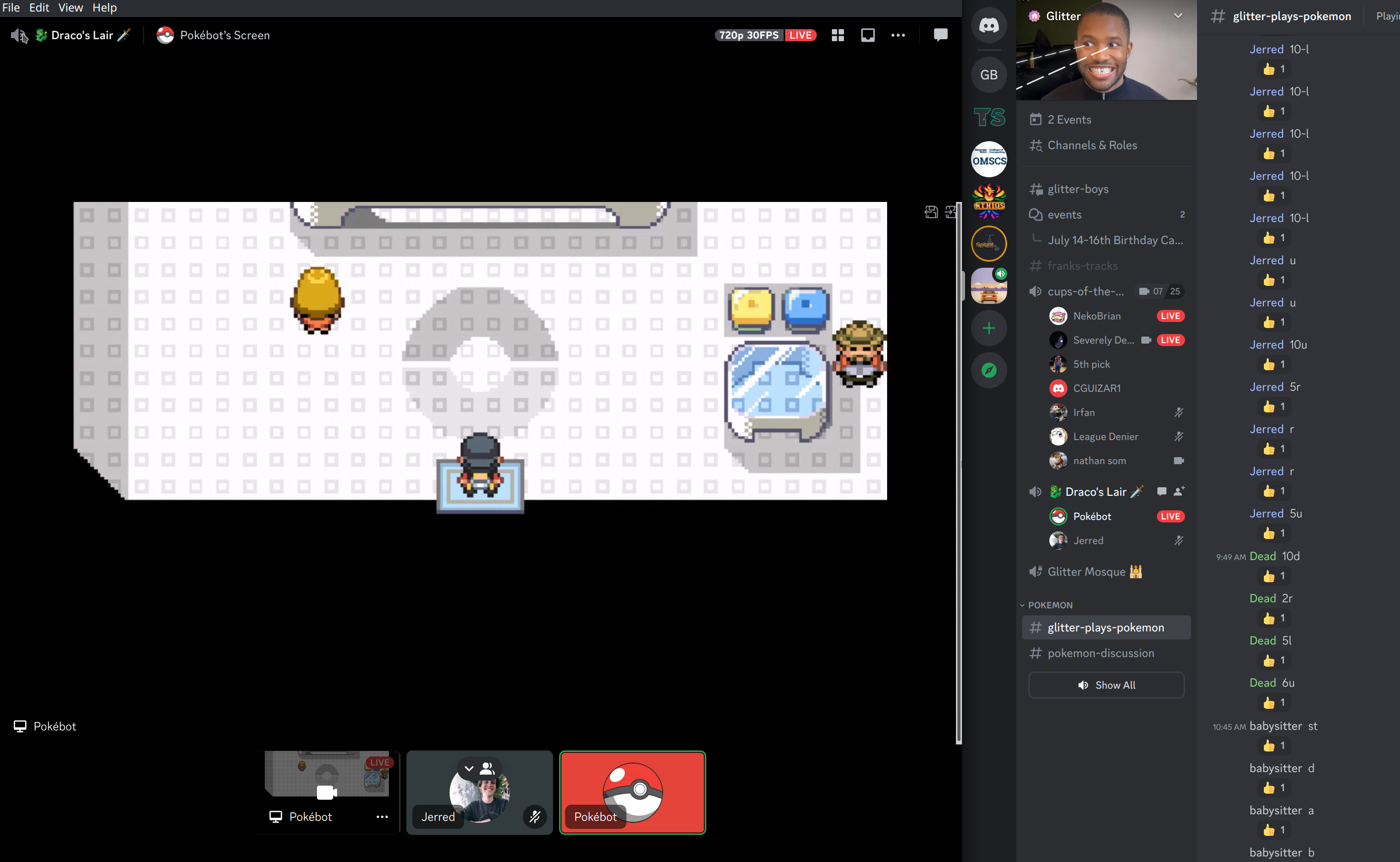 A screenshot of a desktop. The window on the left shows a video stream of Pokémon Liquid Crystal produced by this application. The window on the right shows the Discord application with a user named Pokebot in a voice channel. Discord is also displaying a text channel where users can enter commands to control the Pokémon bot