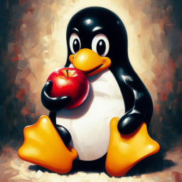 A picture of Tux holding a red apple
