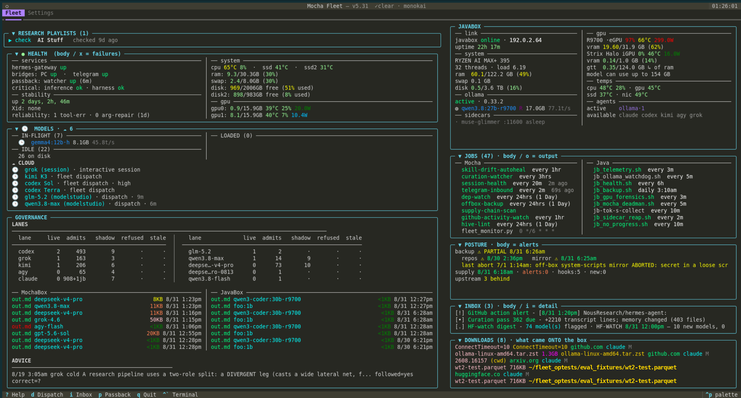 fleet-tui monitoring a two-box fleet