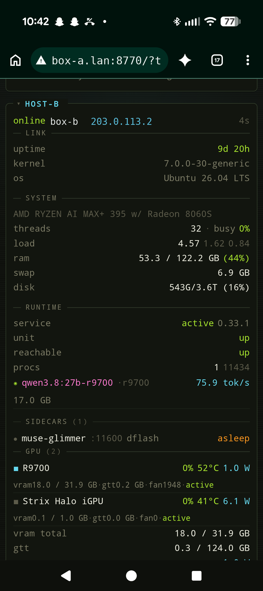 Phone view: the second box's host panel with link, system, runtime, sidecar and dual-GPU sections