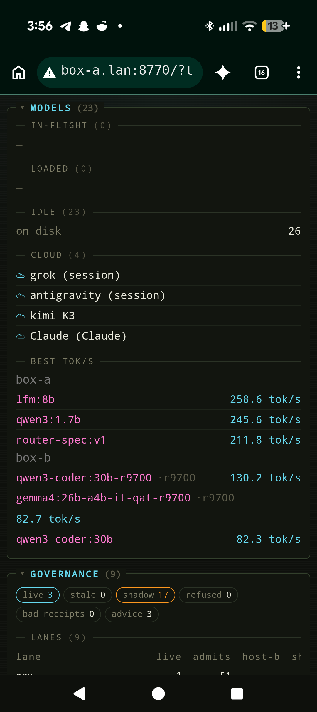 Phone view: MODELS panel showing in-flight, loaded and idle local tags, four cloud legs in session, and best tok/s per box