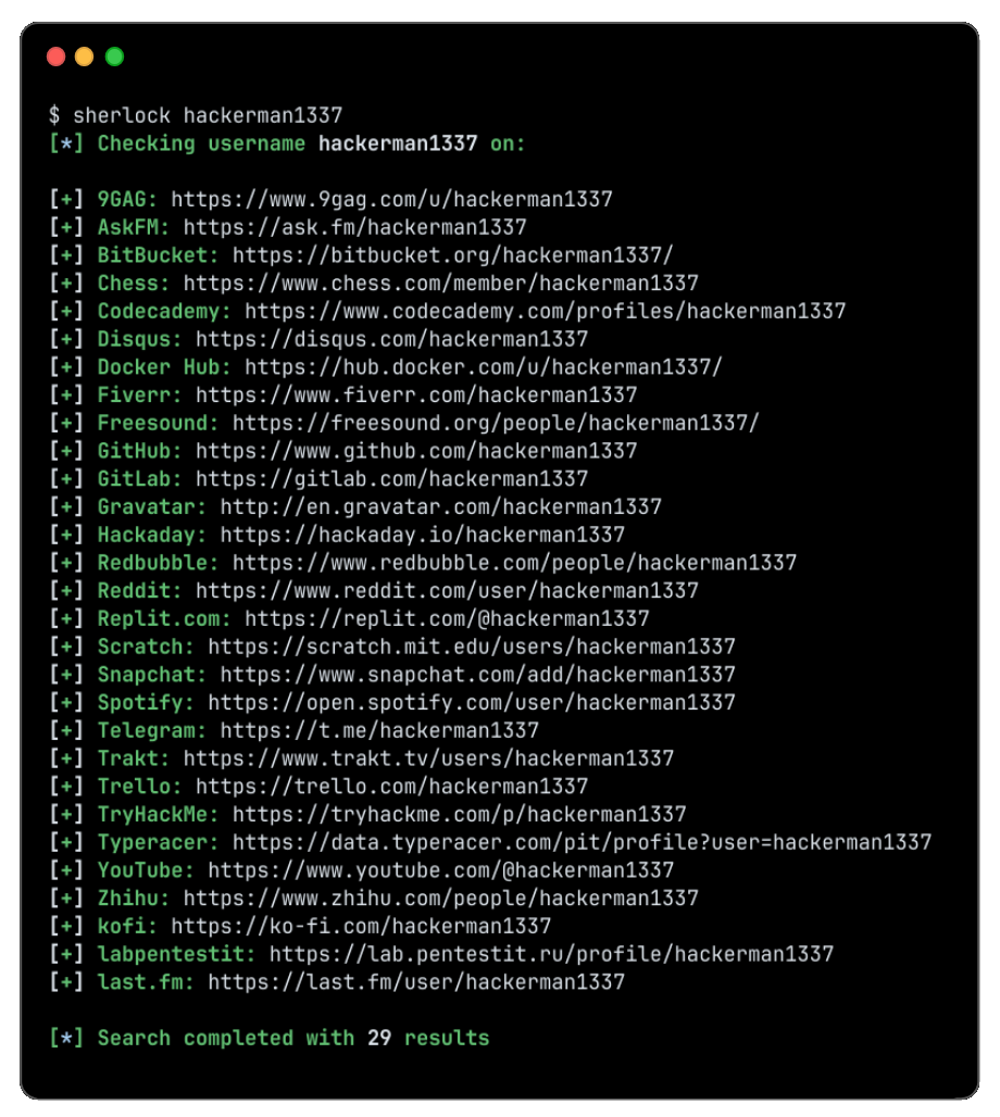 Sherlock command-line terminal demo showing a username searched across many social networks, with each found profile printed as a line followed by the matching site URL