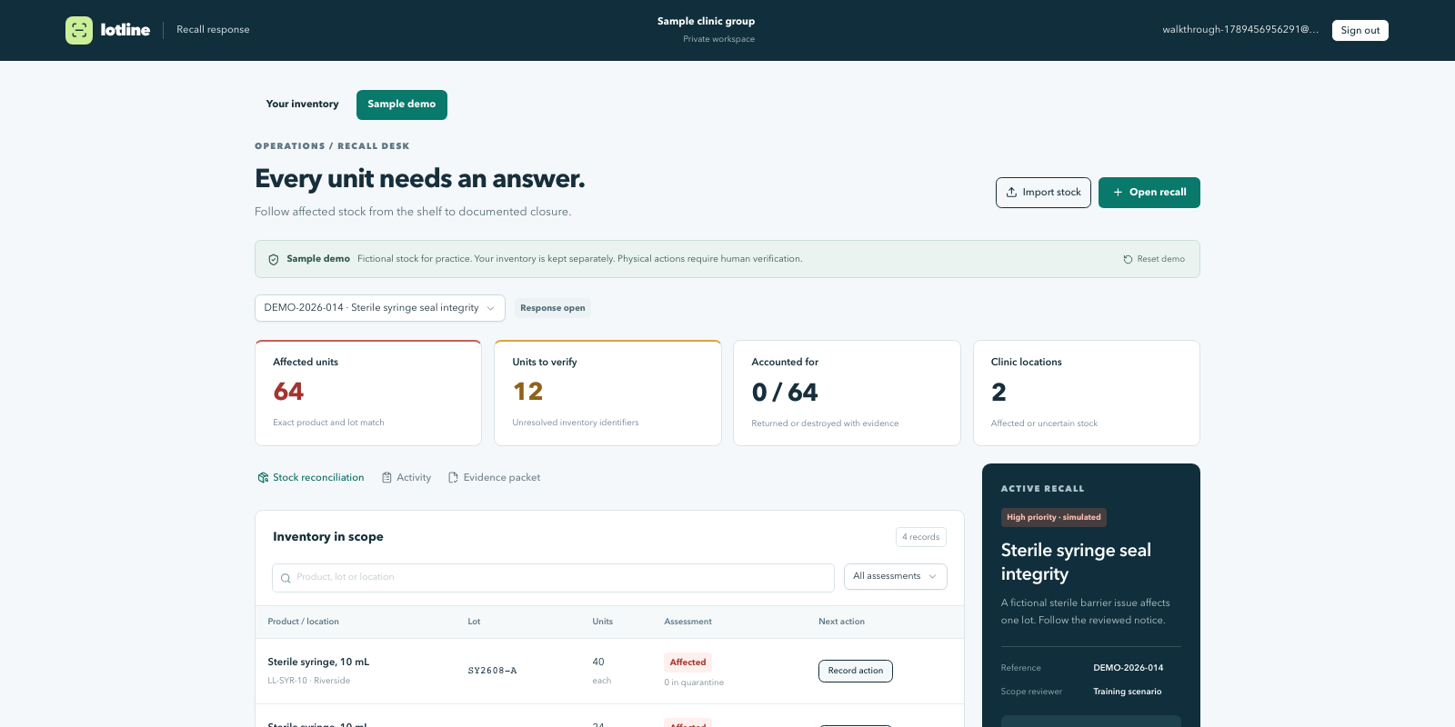 Lotline recall response workspace