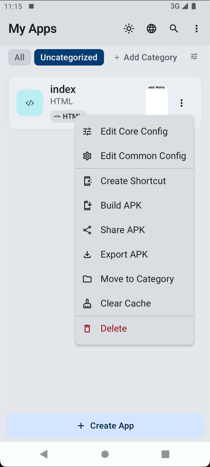 Per-app action menu