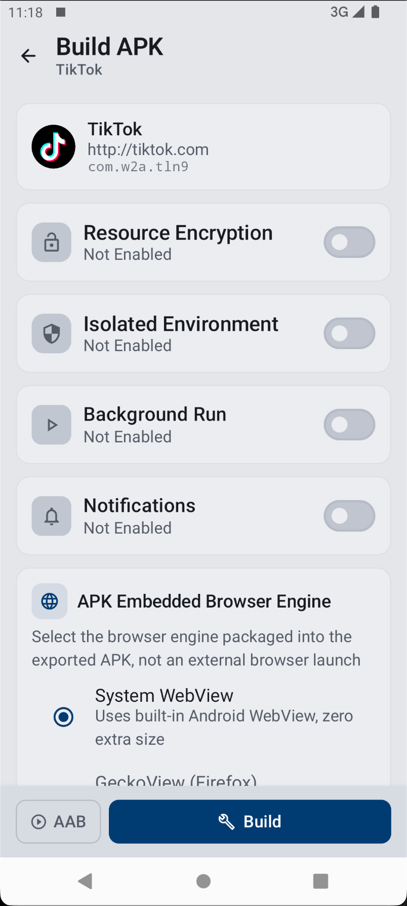Build APK dialog options