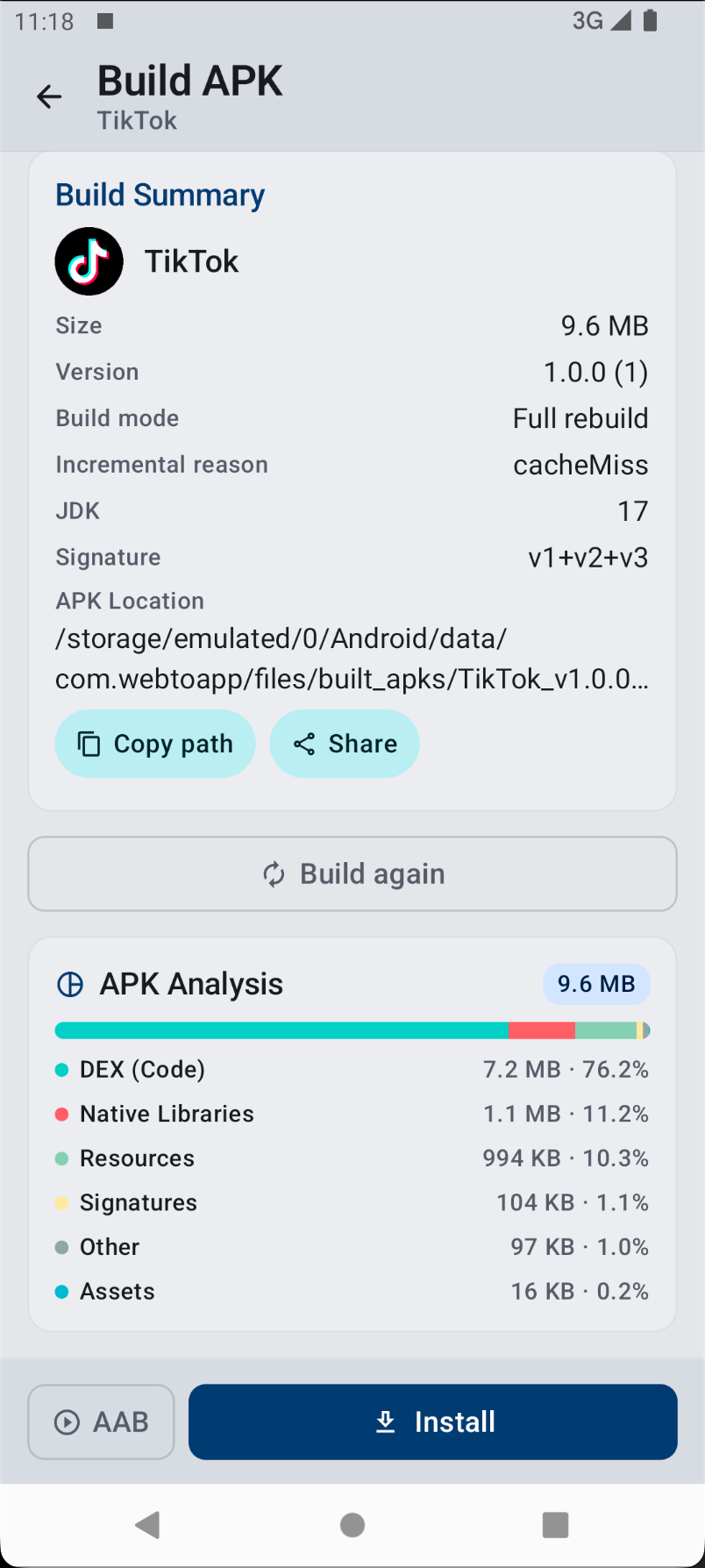 Build summary with APK size analysis