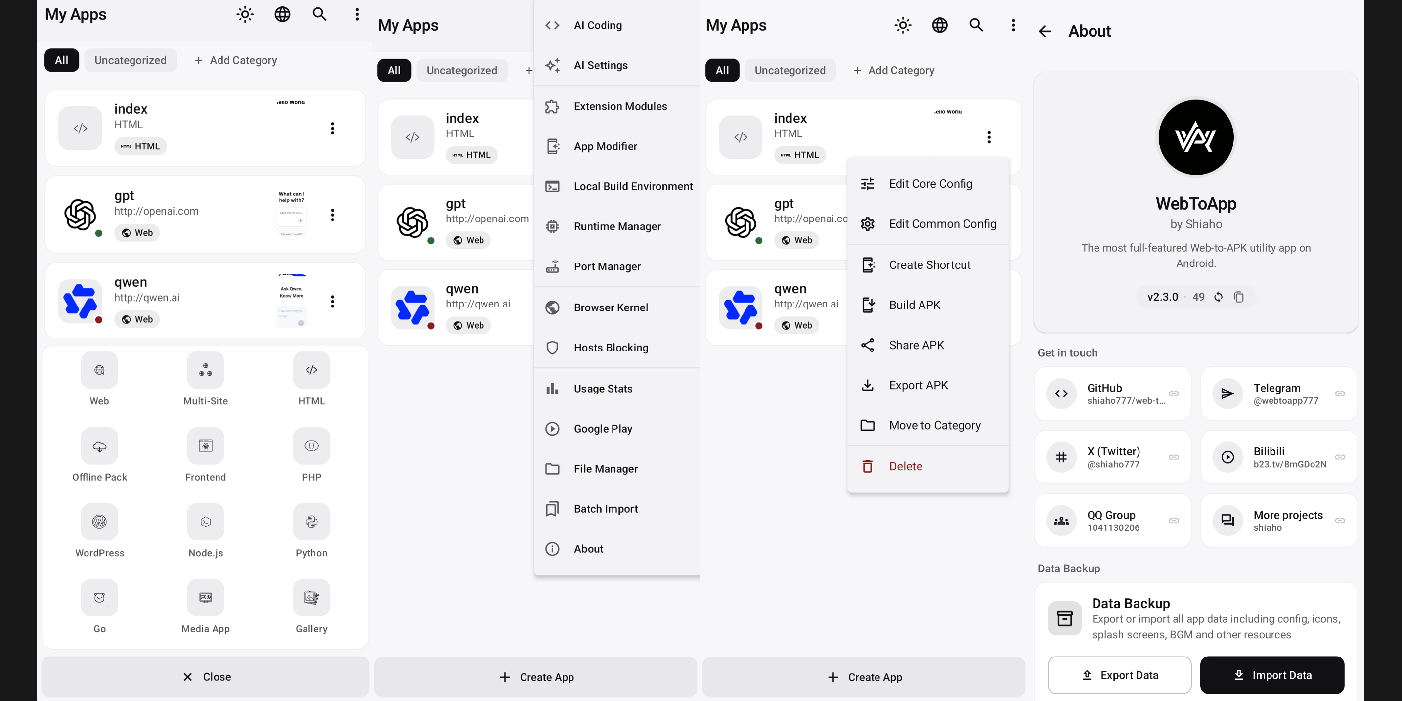 WebToApp:我的应用首页、应用列表与主工具箱(Agent、扩展模块、端口管理器)、单个应用的 APK 操作(编辑、创建快捷方式、构建/分享/导出 APK),以及关于页面——全部运行在 Android 手机上