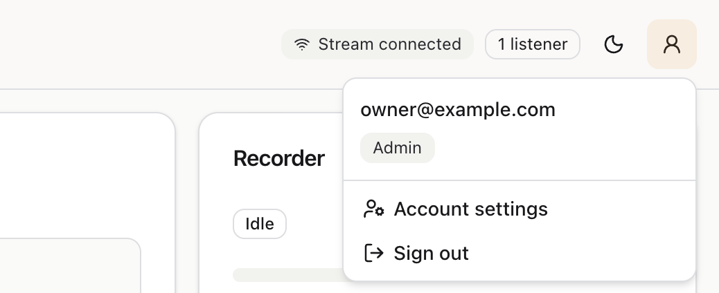 The account menu, open under the person icon: the email, the role, Account settings and Sign out