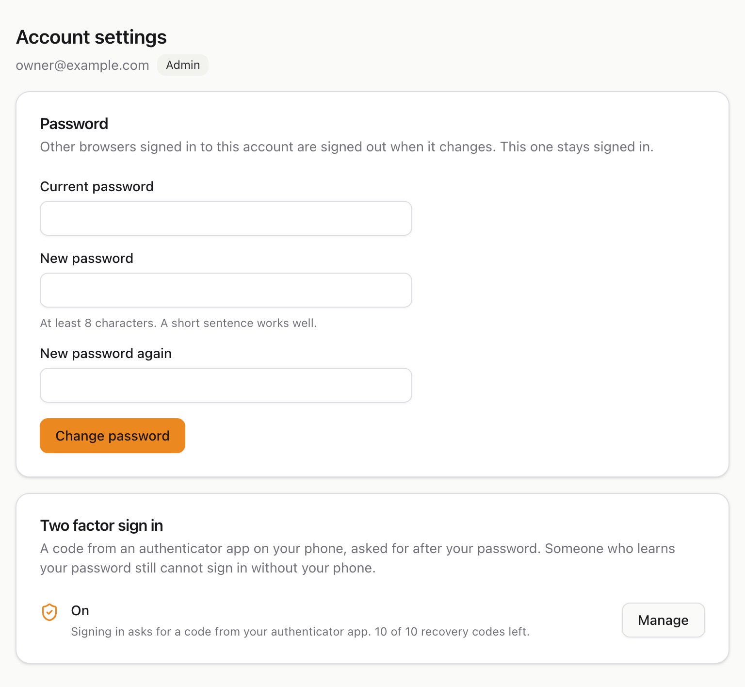 Account settings: changing your password, and two factor sign in