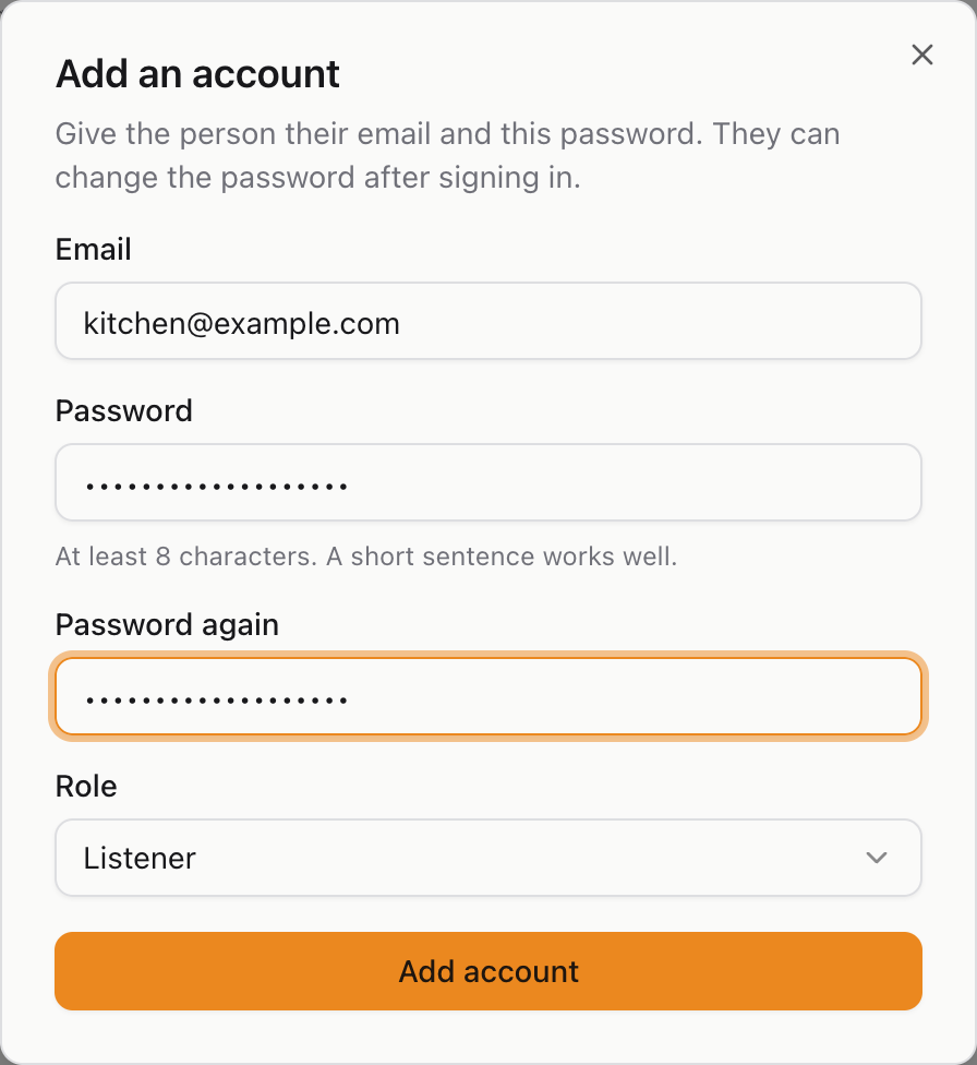 Adding an account: email, password twice, and the role