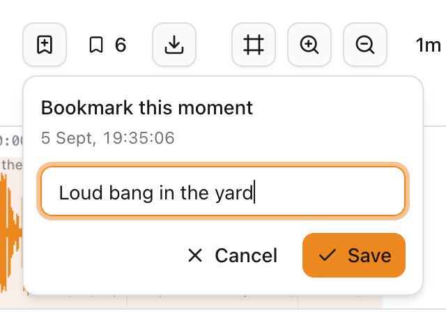 The bookmark form, with a label being typed for the current moment