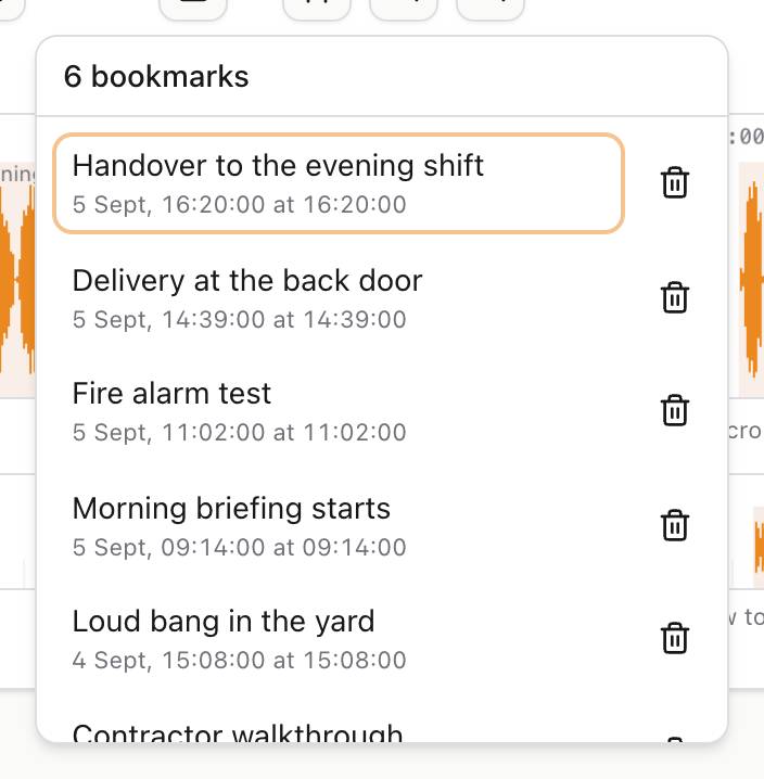 The bookmark list, with the newest first and a delete button on each