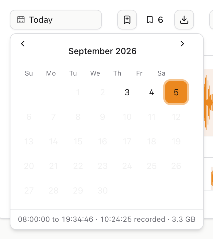The calendar, with only the days that have recordings selectable
