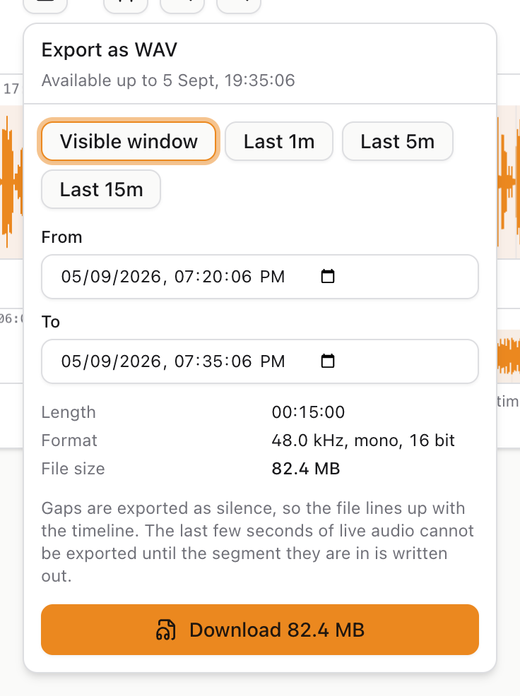 The export panel, with a fifteen minute range chosen and the resulting file size