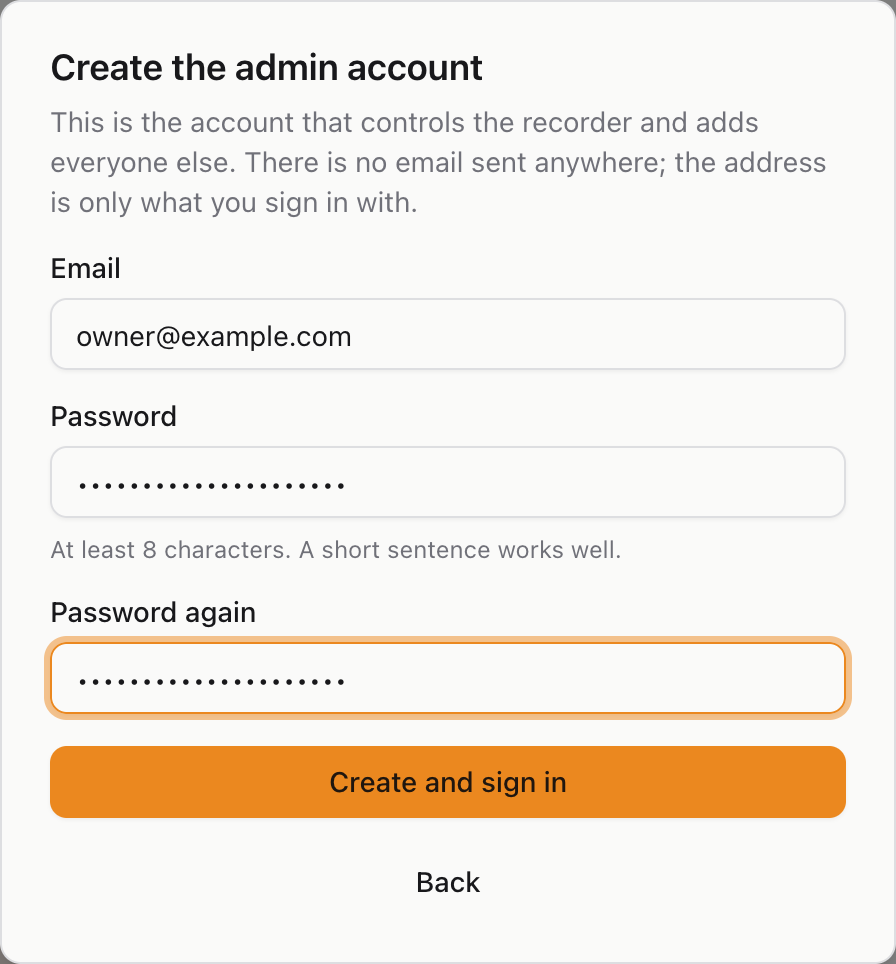 Creating the admin account: email, password, and the password again