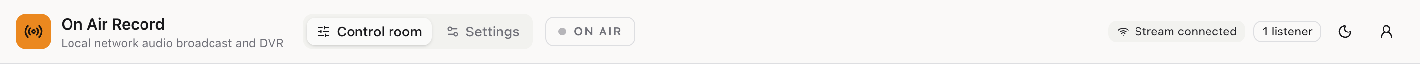 The top bar, showing the ON AIR sign, the page links, the connection status, the listener count and the account icon